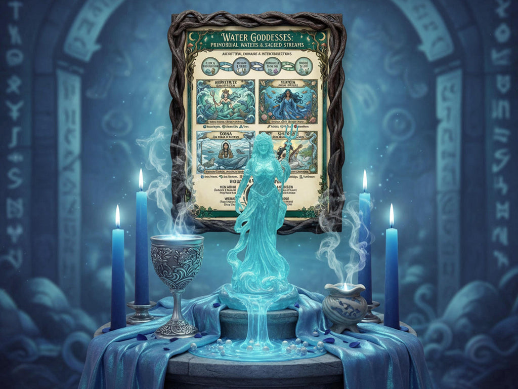Decorative altar dedicated to water goddesses, with a  statue, candles, and a framed water goddesses infographic poster placed above it.