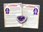 Two informational pages titled what is the third eye and opened third eye blessings, on a wooden surface with a purple crystal.
