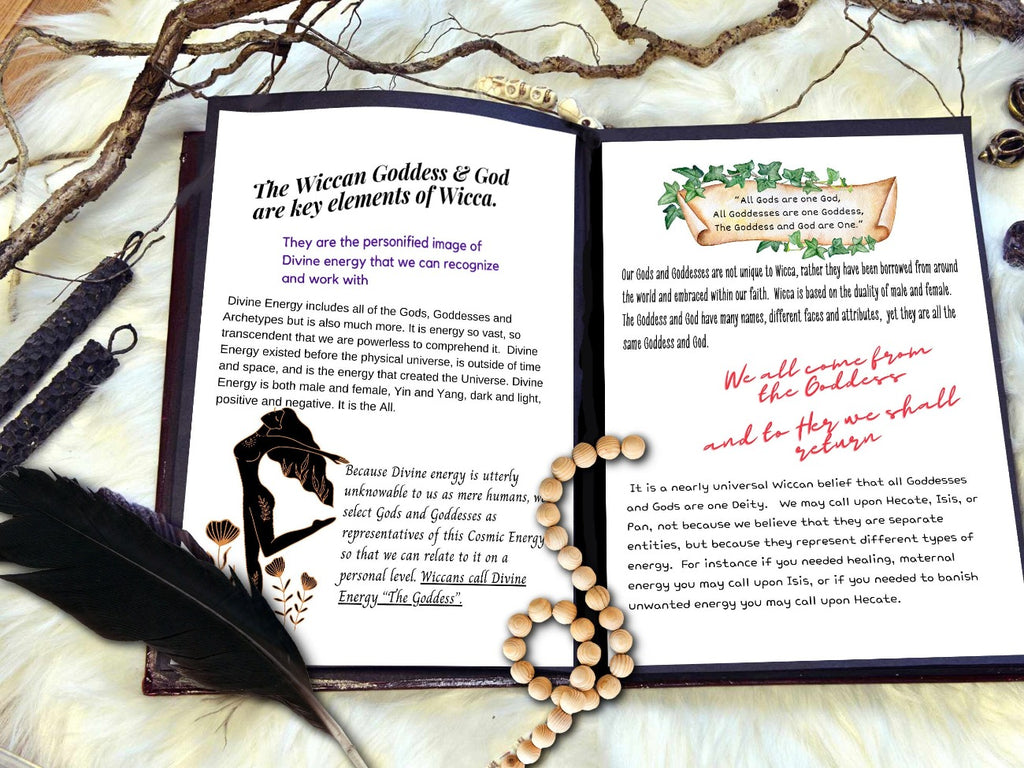 Open Book of Shadows with two pages from Learn Wicca Lesson 1 placed on a witchcraft altar with a black feather and gnarly tree branches.