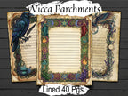 Wicca parchments with decorative borders and birds on a wooden background