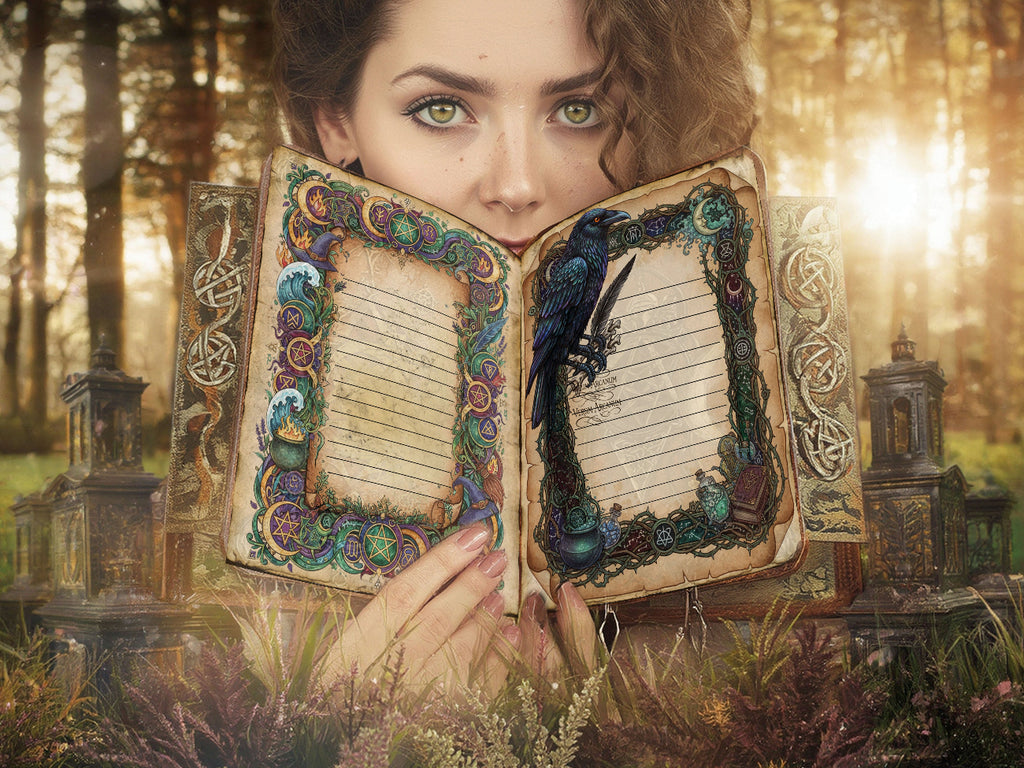 Woman holding an ornate book in a mystical forest setting