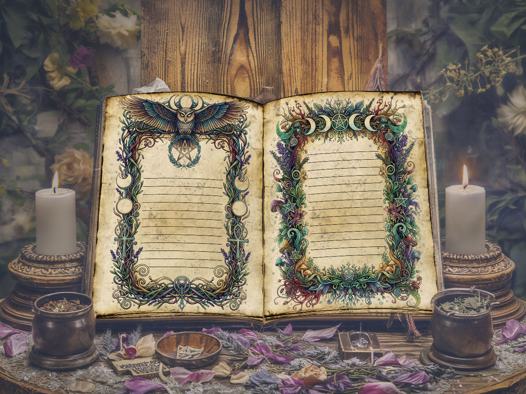 Decorative book with ornate pages on a mystical table setting with candles and herbs.