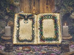 Decorative book with ornate pages on a mystical table setting with candles and herbs.