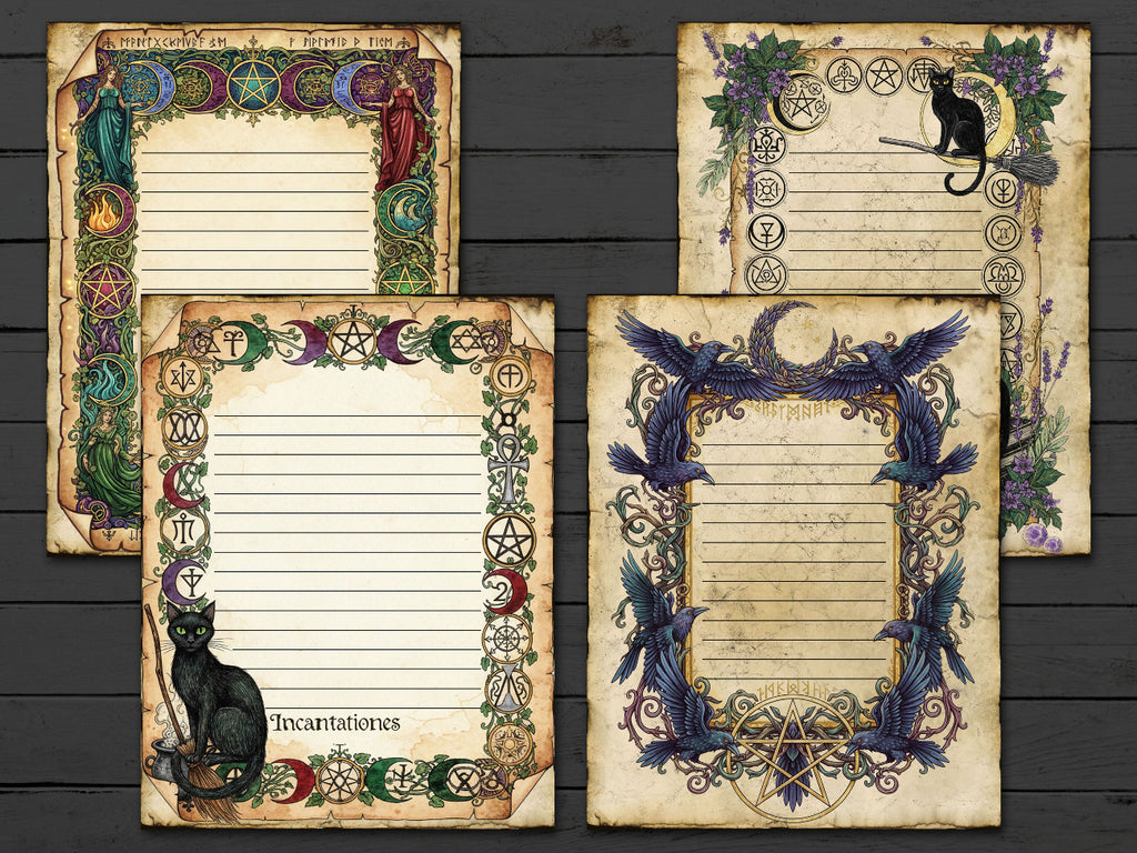Set of four decorative paper sheets with mystical designs on a wooden surface.