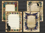 Set of four decorative paper sheets with mystical designs on a wooden surface.