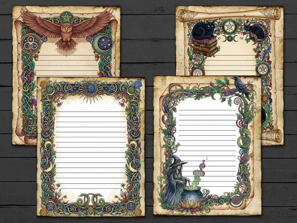 Four decorative notepads with fantasy-themed designs on a wooden surface.