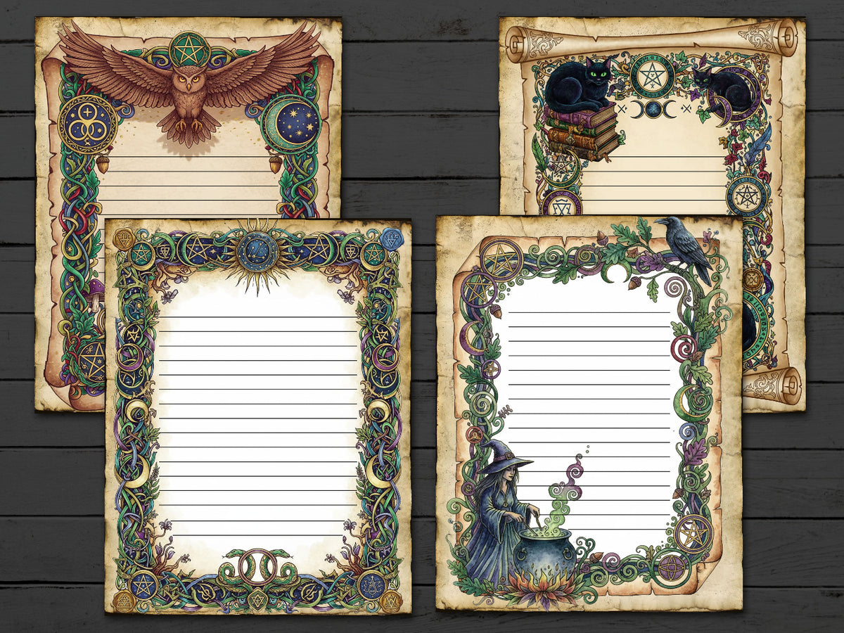 Four decorative notepads with fantasy-themed designs on a wooden surface.