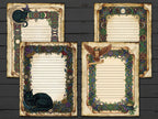 Four decorative paper sheets with intricate borders and illustrations on a wooden surface.