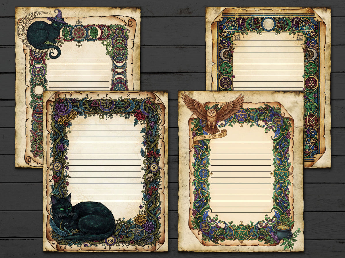 Four decorative paper sheets with intricate borders and illustrations on a wooden surface.