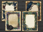 Four decorative paper sheets with intricate designs and birds on a wooden surface.