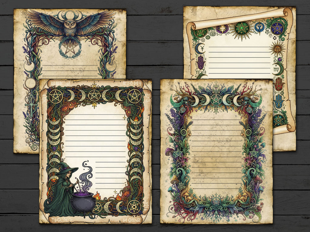 Four ornate sheets of paper with decorative borders and illustrations on a wooden surface.