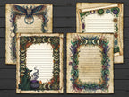 Four ornate sheets of paper with decorative borders and illustrations on a wooden surface.