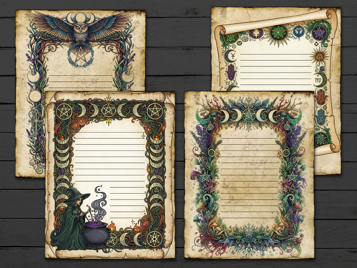 Four ornate sheets of paper with decorative borders and illustrations on a wooden surface.