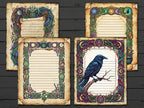 Four decorative paper sheets with intricate borders and a crow illustration on a wooden surface.