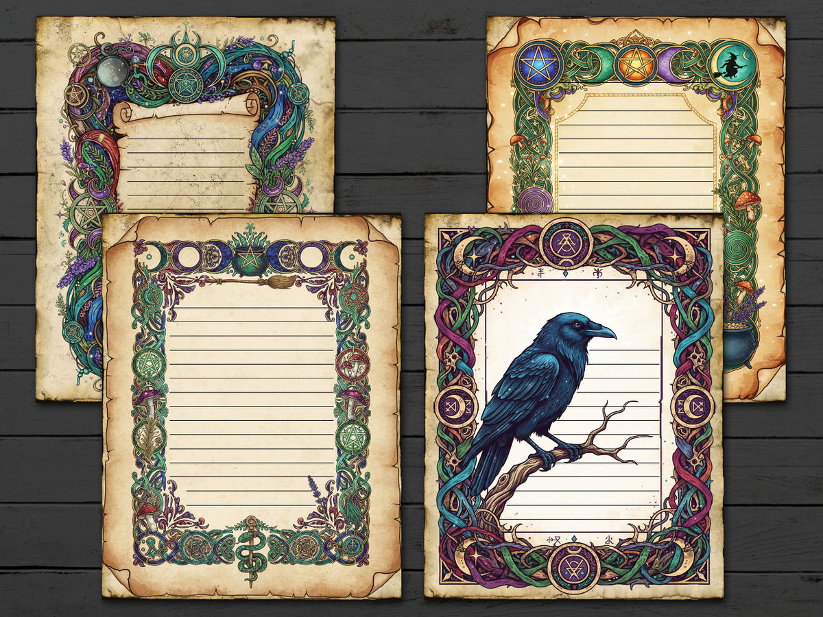 Four decorative paper sheets with intricate borders and a crow illustration on a wooden surface.