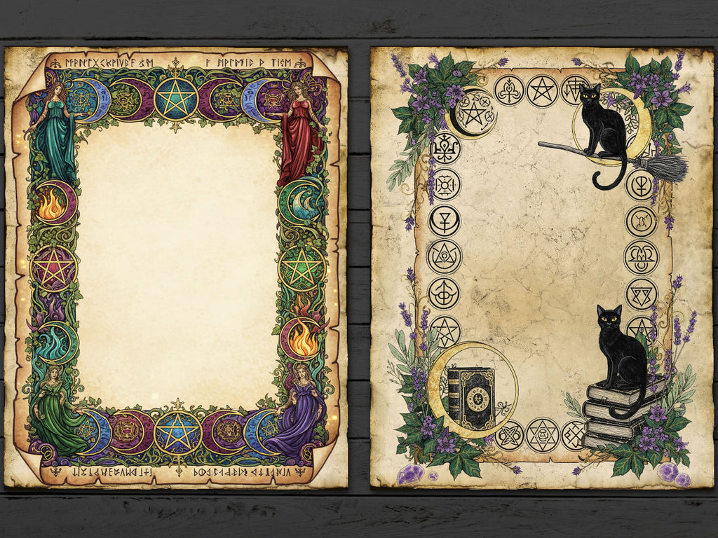 Wicca Parchments: Junk Journal Kit, DIY Spellbook, 40 Enchanted pages for Commercial Use