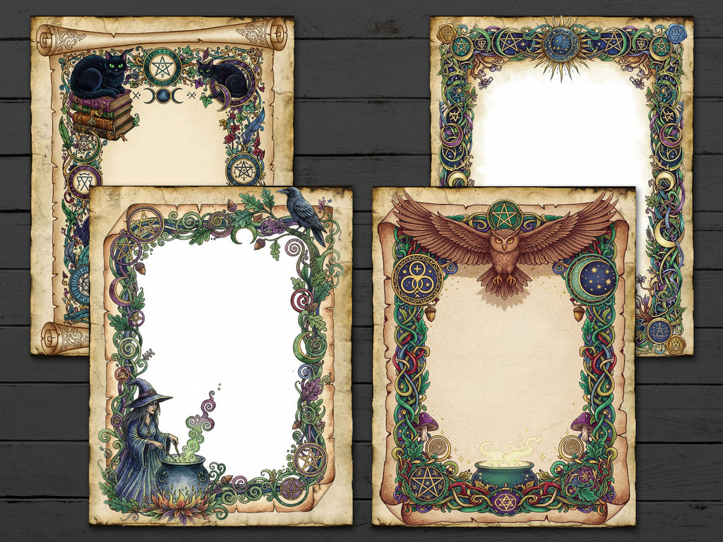 Wicca Parchments: Junk Journal Kit, DIY Spellbook, 40 Enchanted pages for Commercial Use