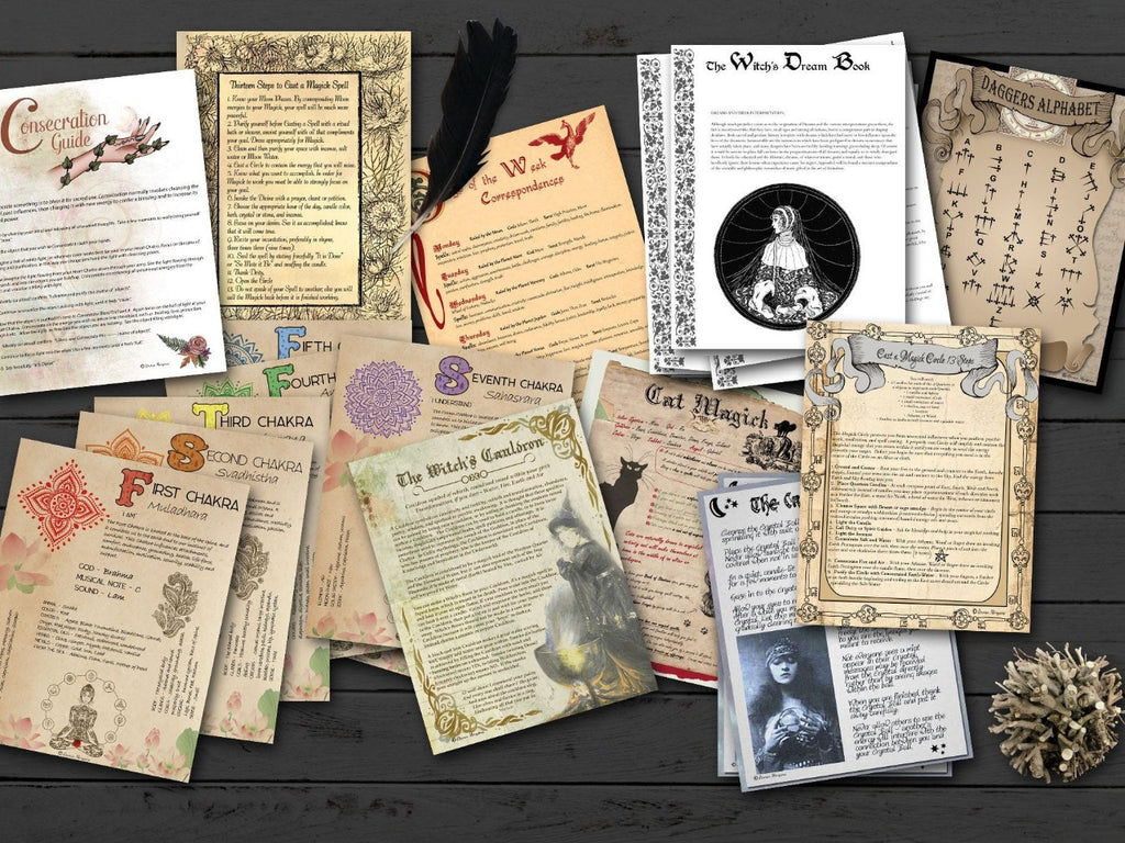 A variety of witchcrafr bundle pages including chakras and consecration guide.