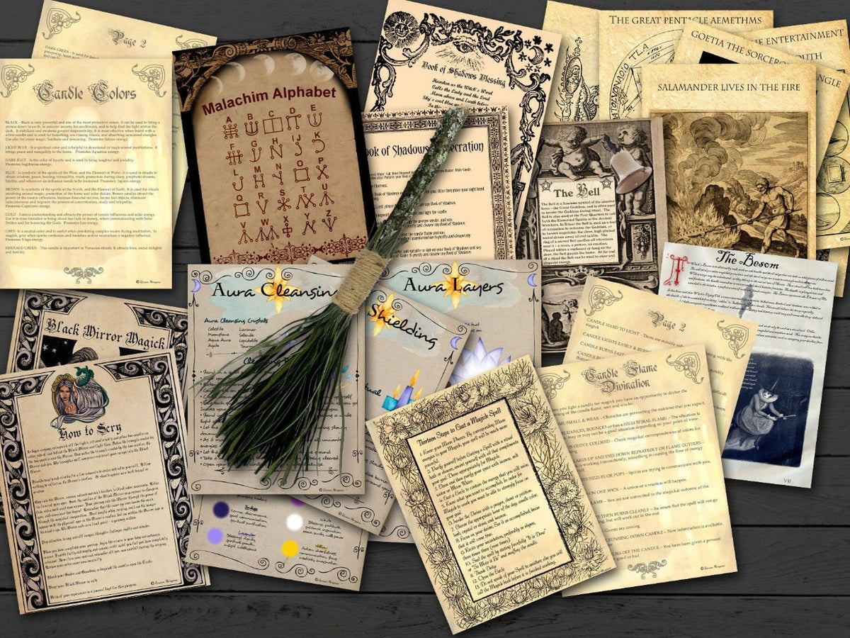 A variety of witchcraft bundle pages including how to scry and book of shadows blessing.