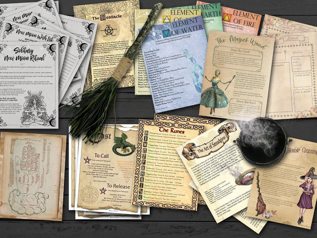 A variety of witchcraft bundle pages including Moon and Element information.