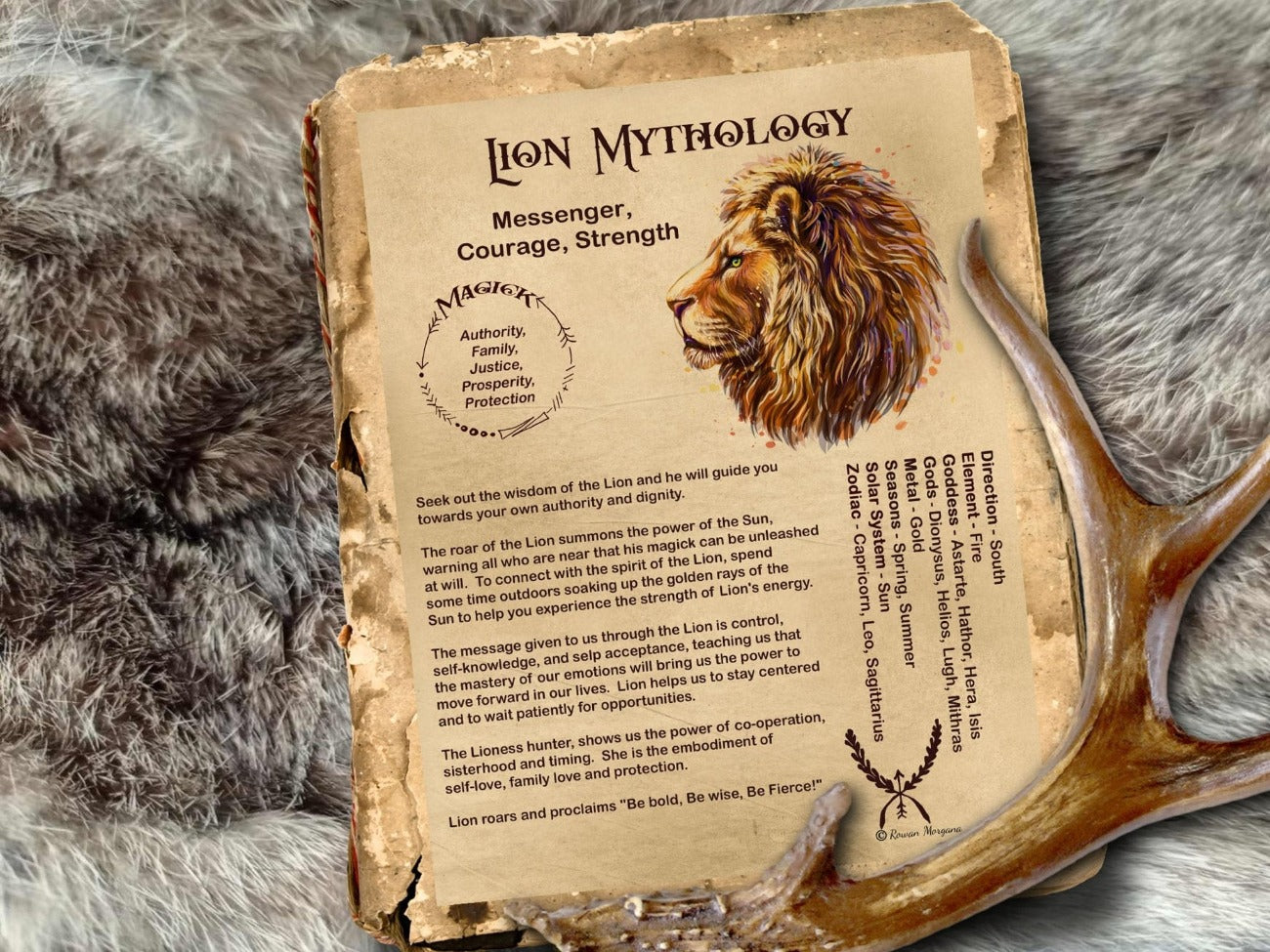 Lion Magick Myths & Correspondences 1 printable Page is displayed in an ancient book on a fur rug with a deer antler.